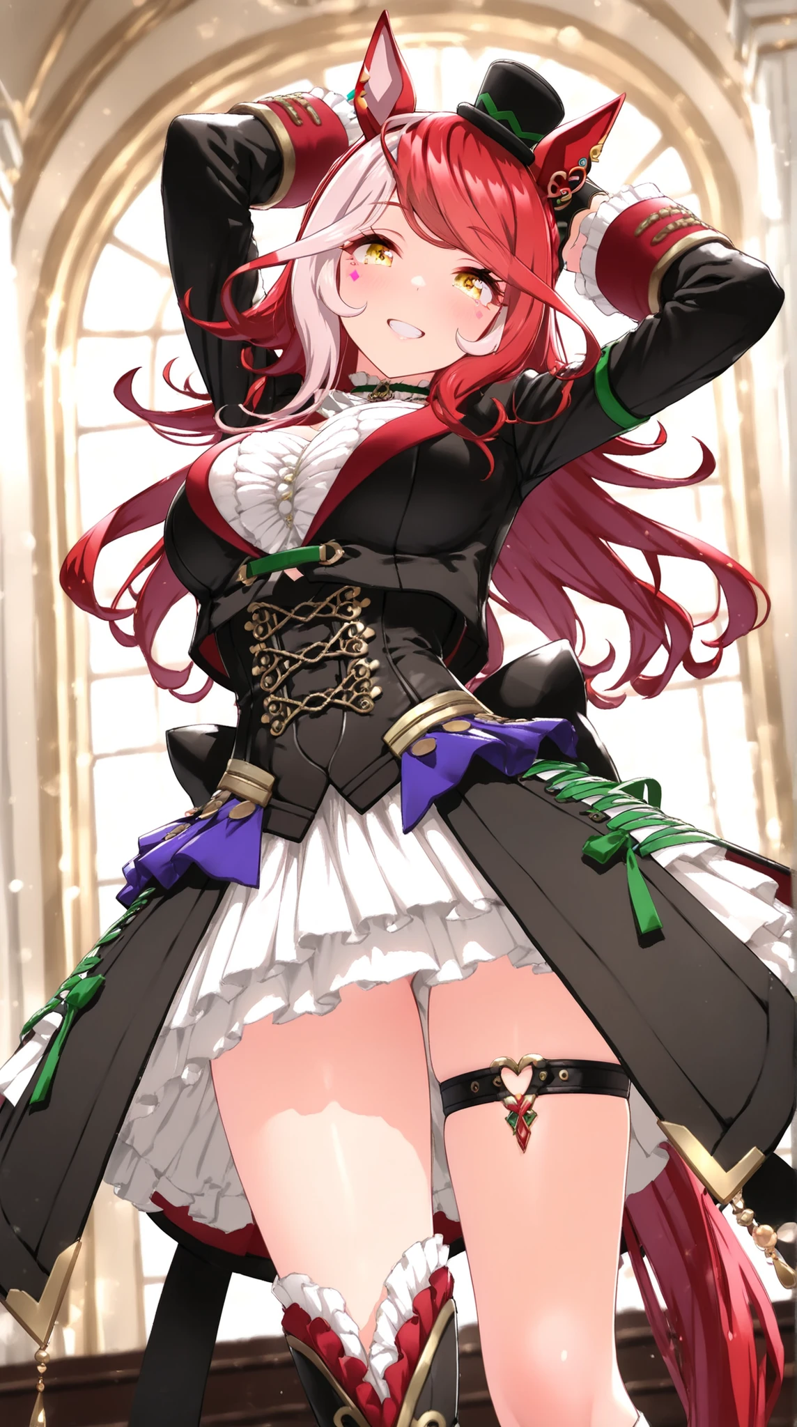 1girl, solo, long hair, breasts, looking at viewer, bangs, large breasts, hair ornament, gloves, dress, bare shoulders, jewelry, closed mouth, purple eyes, ponytail, thighs, red hair, hairband, earrings, lying, black gloves, elbow gloves, mole, black dress, mole under eye, on side,whole body