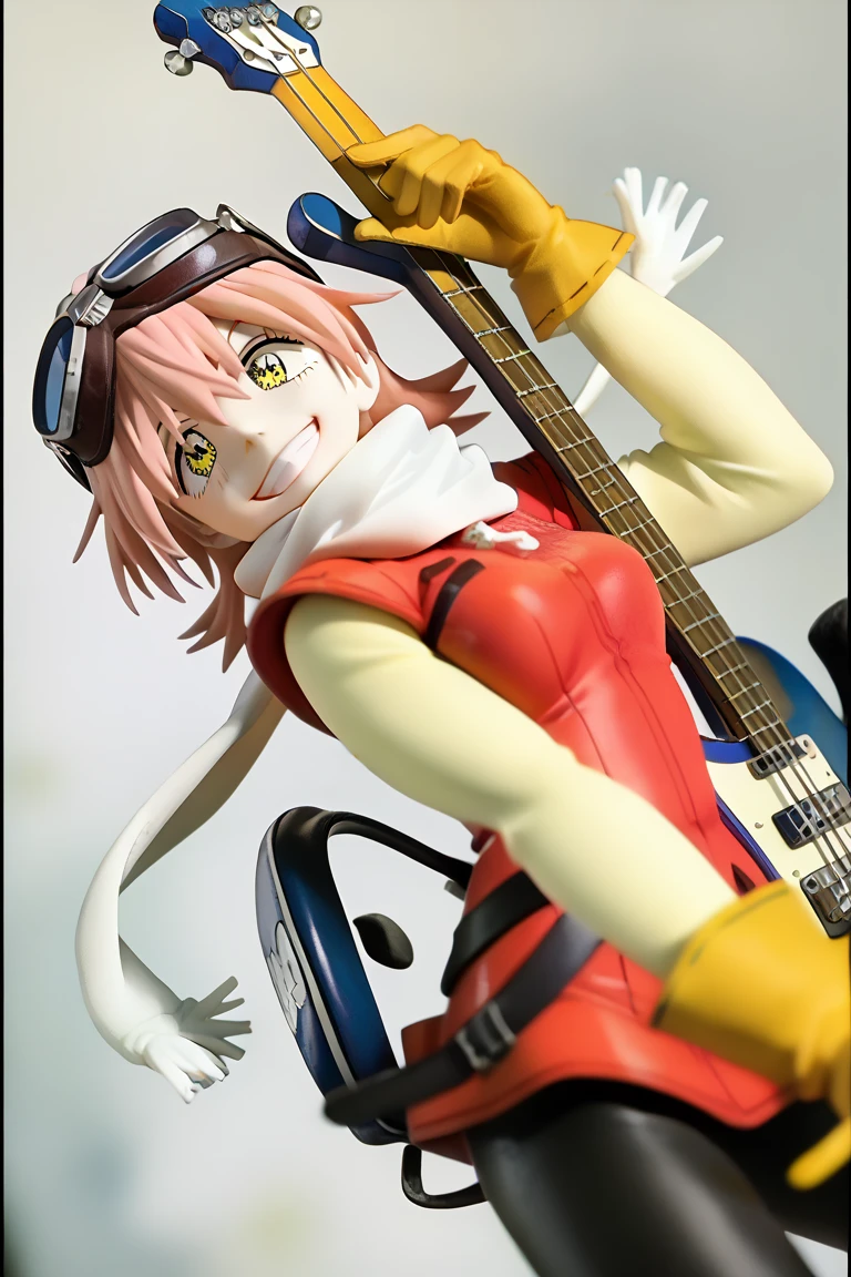 Riding a bike with a blue bass guitar, ((blue bass guitar on back:1.2,bike, yellow vespa:1.5,goggles on head:1.3)),flcl, haruko, 1girl, solo, grin, pink hair, short hair, yellow eyes, red dress, helmet, white long sleeves,yellow gloves:1.4, black pants, white boots, white scarf,  橋の上,figure,Realistic Photo,RAW Photos,masterpiece,incredibly absurdres Photo,highest quality Photo,Ultra - High resolution Photo,High resolution,Highly detailed Photo,
