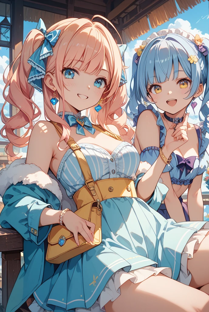 (masterpiece, best quality), best resolution, (2heads:1.5), 1girl, catgirl, one head bluehair, one head pink hair, cat ears, blueeyes, smiling, giggling, friendly, inviting, hitorigotou, hitori gotou, blue eyes, cube hair ornament, hair between eyes, hair ornament, one side up, long hair,