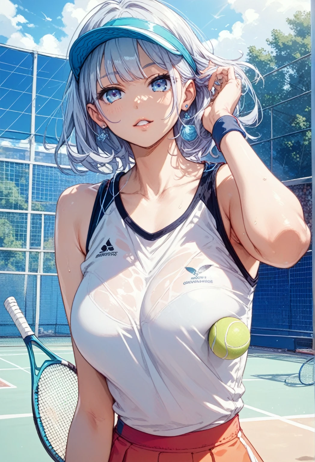 (masterpiece、Highest quality、))、beautiful detailed eyes 、ultra-detailed、 , Gray Hair、Ahoge、Long Hair, Blue eyes、ponytail 、big breasts、blurry background、bashful、pinup, play tennis, (swing tennis racket:1.1), wear tennis uniform, in Tennis court, (moving:1.2), tennis ball, hit the ball with a racket, some players、Panty shot、windy,floating hair、floating skirt、open clothes、cleavage、spread legs、