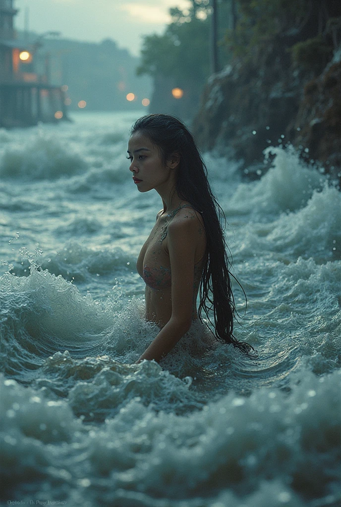 Jennie, member of Blackpink. A beautiful and sexy mysterious mermaid girl, sunset, beautiful eyes, detailed facial features, long black flowing hair, realistic, cinematic and dramatic lighting, glowing skin, vibrant colors. Sexy girl with long black hair, mermaid