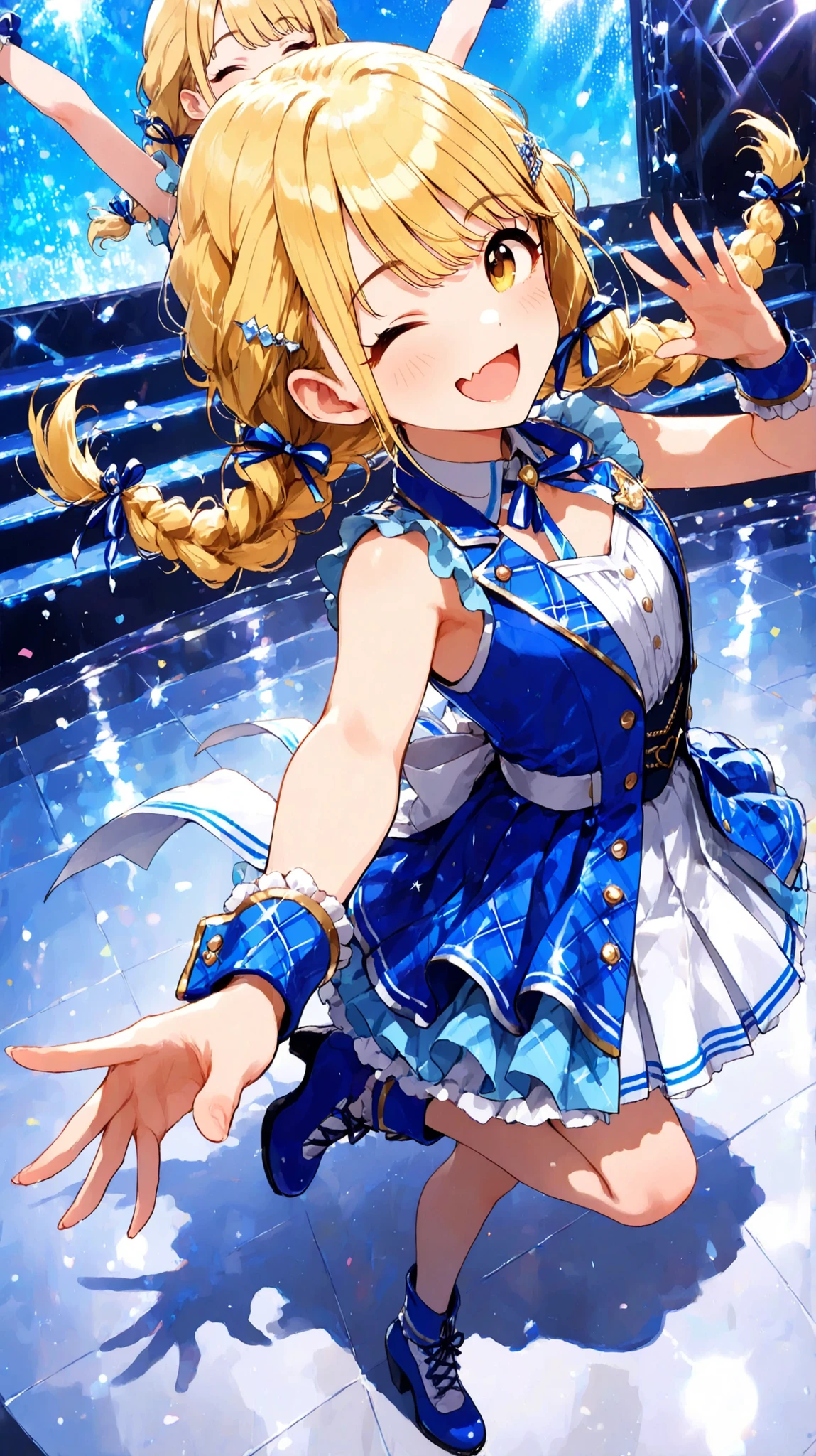 masterpiece,best quality,1girl,solo,fujita kotone,gakuen idolmaster,safe,skin fang,yellow eyes,blonde hair,long hair,twin braids,hair ribbon,idol costume,blue costume,flat chest;d,standing,standing one leg,extend one's arm,Vigorous, lively,dynamic pose, foreshortening, extreme perspective,full body,abstruct background,