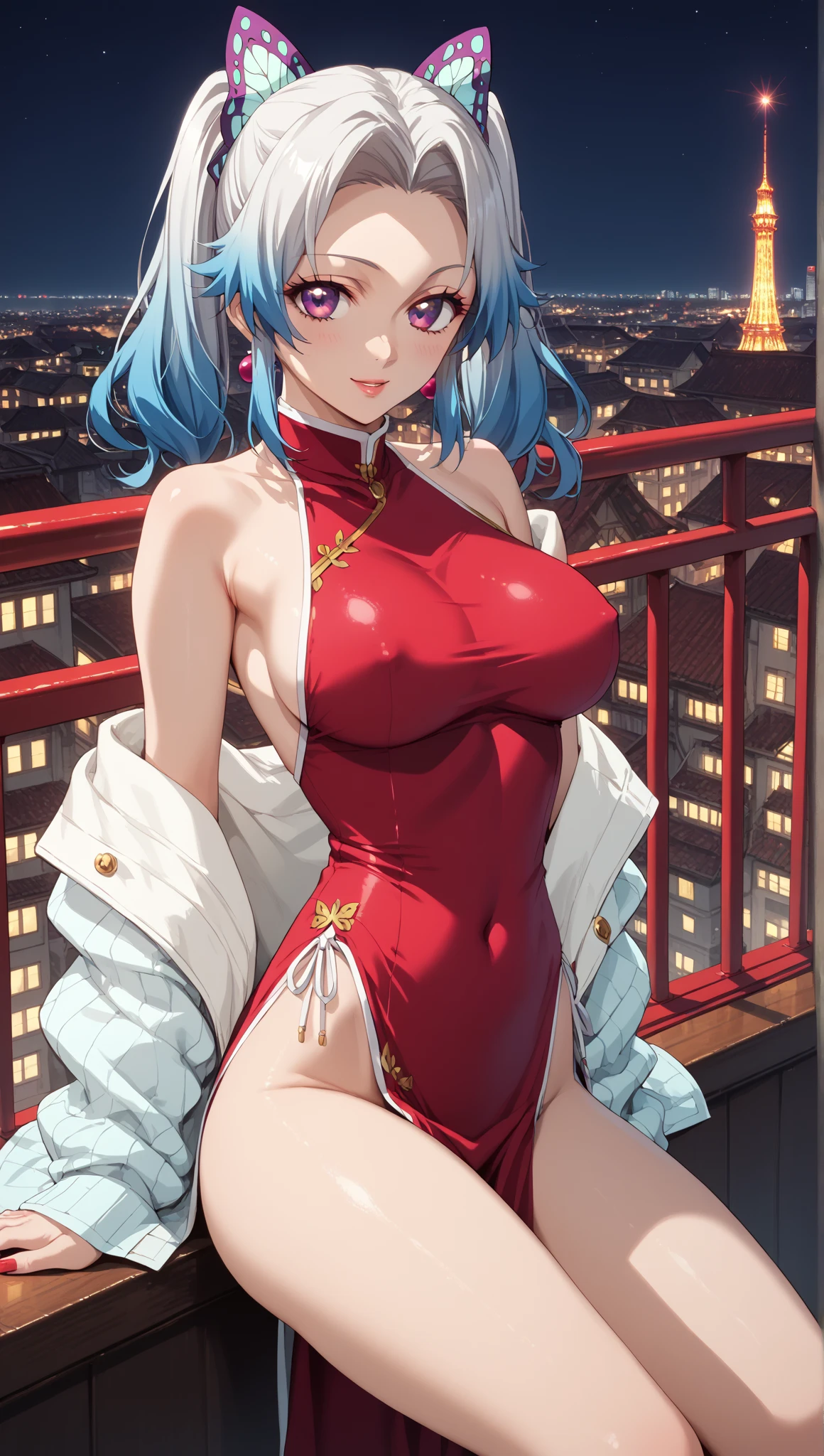 ((add more details)), best quality, ((beautiful eyes detailed)), perfect face, (masterpiece), best quality, expressive eyes, perfect face, ((best quality)), ((ultra-detailed)), ((an extremely delicate and beautiful)), (embarrassed face), (closed_mouth), perfect body, (perfect eyes), (beautiful eyes), (blue eyes), beautiful face, (((large breasts))), ((thick thighs)), shiny skin, soft skin, looking at viewer, clean skin, ((detailed background)), ((synmetry body)), ((perfect body)), underview, ((arms behind back)), ((tokyo background)), ((wearing a red minidress)), ((minidress)), (cleavage), (very_large_breasts), (thick_breasts), (arms_behind_back), ((mature female)), (blue hair)), ((night sky)), ((starry night)), ((arms behind back)), (from above)