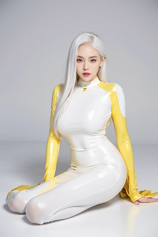 masterpiece、1 beautiful girl、detailed eye、highest quality, 超A high resolution, (reality: 1.4), Japanese、asian beauty、Korean、super beautiful、beautiful skin、thin、body turns forward、whole body、(超reality的な)、(High resolution)、(8K)、(very detailed)、(beautiful detailed eyes)、(Super detailed)、detailed face、bright lighting、professional lighting、looking at the viewer、serious expression、look straight ahead、long hair、blonde、sea landscape、Nogizaka Idol、korean idol、sexy pose、actress、25 years old、big breasts、big breasts、wet skin、silver latex suit、cleavage cutout、NSFW、