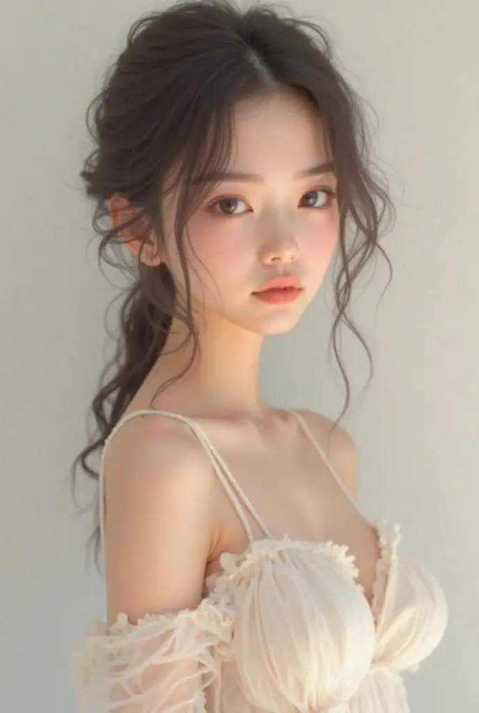 Adorable, pure lust,12year old, child  , flat chest,  Japan Girl,  (Off_Shoulder sweater, Bare shoulders), baby hair, hair scrunchie, french braids,  (suggestive:1.2),   (Smile:0.7), (Best Quality:1.0), (超A high resolution:1.0) ,(photographrealistic:1), (ultra-detailliert:1.0), (8k RAW photo:1.1),