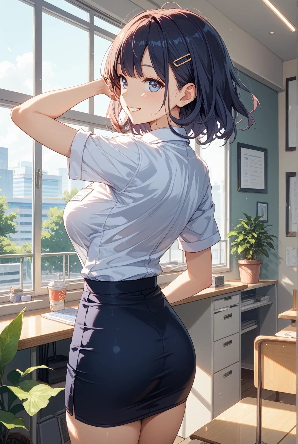 1lady,solo,cute,looking back from behind,casual shirt pencil skirt pantyhose,Belted Skirt,black hair bangs, blush kind smile,in office