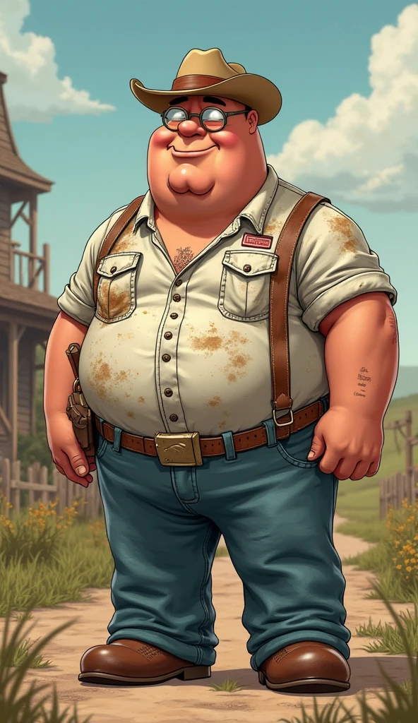 A man who is fat. He wears work trousers that are short. The upper body without a top. The name Meike is tattooed on her chest. His hands are in his pockets and he stands casually. He wears a long braided pigtail. And shaved the hair below the head. He winks in the face. He is standing in front of a youth hostel in the country with animals.