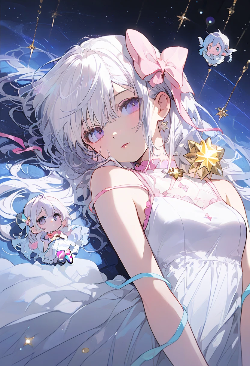 complex background, wishing star background, a woman wearing an ethereal mystical pink translucent dress that reflects the stars, dreamy, peaceful, serene composition, glowing stars, glowing, mystic, complex drawing, highly detailed, ethereal, starry night, midjourney style