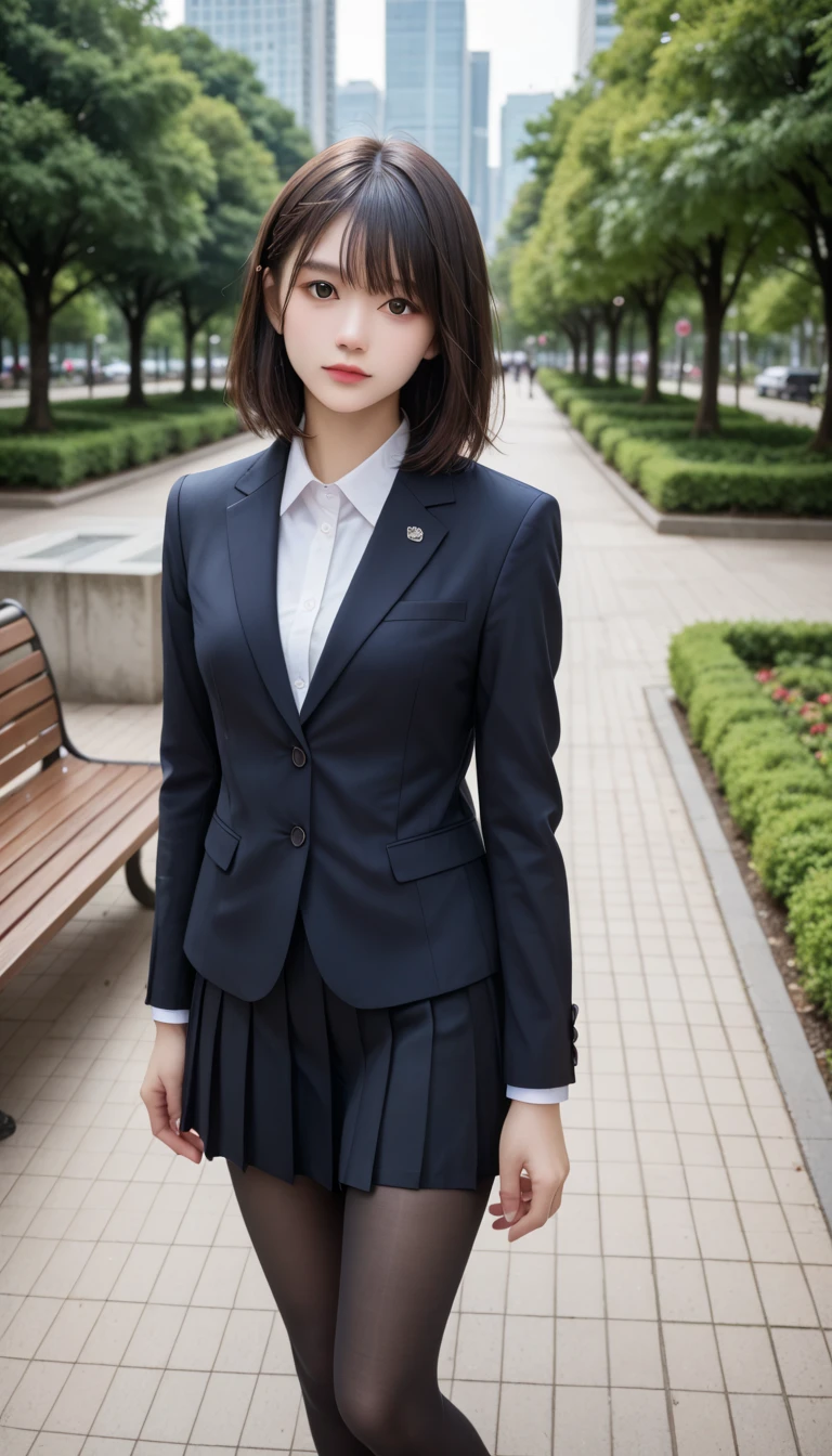 (masutepiece,High quality,16k:1.1),(depth of fields:1.3) ,((front body:1.35)),Japanese ,Woman, ((business suit with dark blue jacket and black pencil skirt)), white shirt, tights,huge breasts, voluptuous, thicc, curvy,(Looking at Viewer:1.3),(full body shot:1.2),(Beautiful Morning view of town:1.2), ((peeing self))Pee all over the body、Urine、the whole body is wet