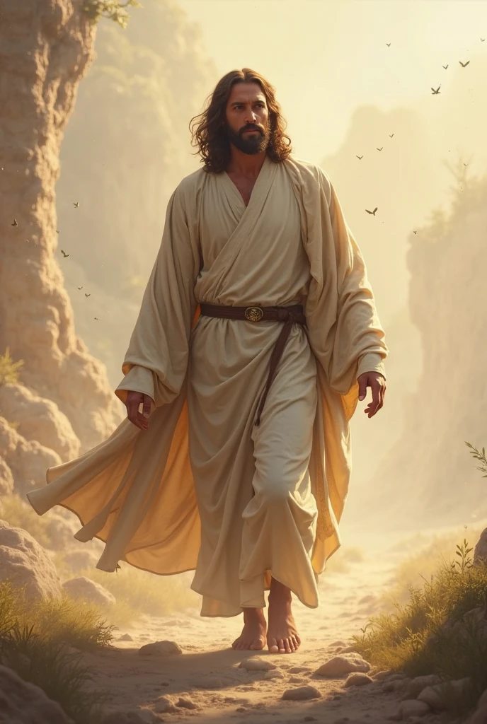 Create a powerful image of Jesus showcasing His strength in the desert. Depict Jesus standing tall and resolute, despite the harsh, arid environment around Him. His posture should be strong and determined, reflecting both physical and spiritual fortitude. The desert background should be harsh and unforgiving, with sun-bleached sand and rugged terrain. Illuminate Jesus with a soft, ethereal light that contrasts with the desolate landscape, emphasizing His inner strength and divine resilience. The overall mood should convey a sense of endurance, power, and unwavering faith amidst adversity.