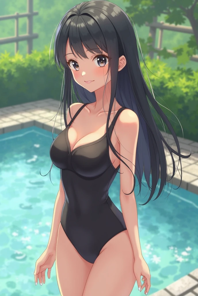 A cute Japanese idol-type woman wearing a navy blue swimsuit, standing by the pool with a shy expression, cute, sexy, beautiful woman, beautiful woman, Japanese beautiful woman, black hair in a ponytail, directing her gaze, 
