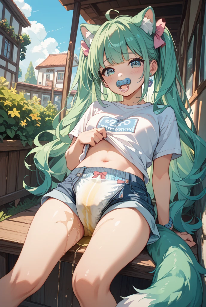 4k, 1girl, solo, shiny skin, short hair, wolfcut, wavy hair, light green hair, large eyes, (flat chest), ((infantile build)), sitting, (((spread legs))), (((spread pussy))), ((pussy juice)), kupaa, looking down, ((ahegao)), (nose blush), wearing one-piece dress, white dress, sleeveless dress, ((pointy nipples)), white sandals, straw hat, sweat, Clothes soaked in sweat and transparent, Clothes are transparent and nipples are visible, (skirt lift), blue sky, sunflower field, from below,