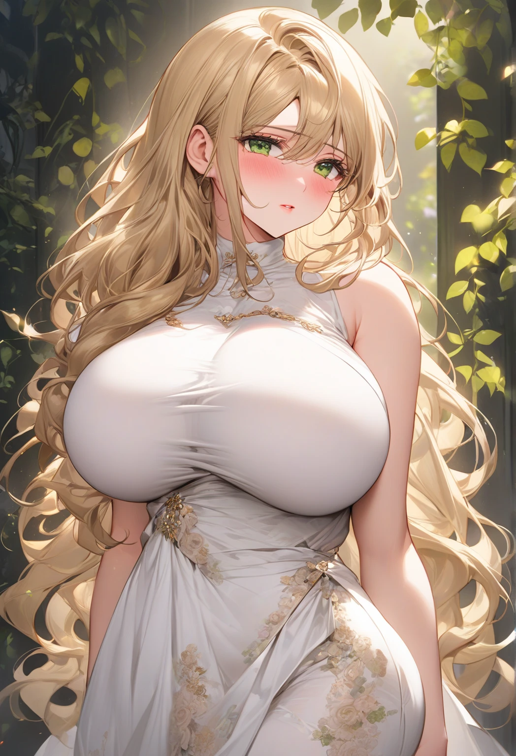 (((absurdres))), (((masterpiece))), (((best quality))), ((ultra-detailed)), ultra high quality, realistic, (real picture, intricate details, depth of field), ((((1girl, solo)))), make up, parted lips, highly-detailed, perfect face, (((mature woman, milf, skindentation))), ((huge breasts, wide hips, toned abdomen)), tall, glossy lips, sexy, blushing, ((blonde hair, blunt bangs, ponytail)), ((beautiful green eyes)), ((earrings, hair ornaments, choker, tiara)), (((oink silk dress, cleavage, fur coat))), (((erotic pose, standing))), smile, (((castle)))