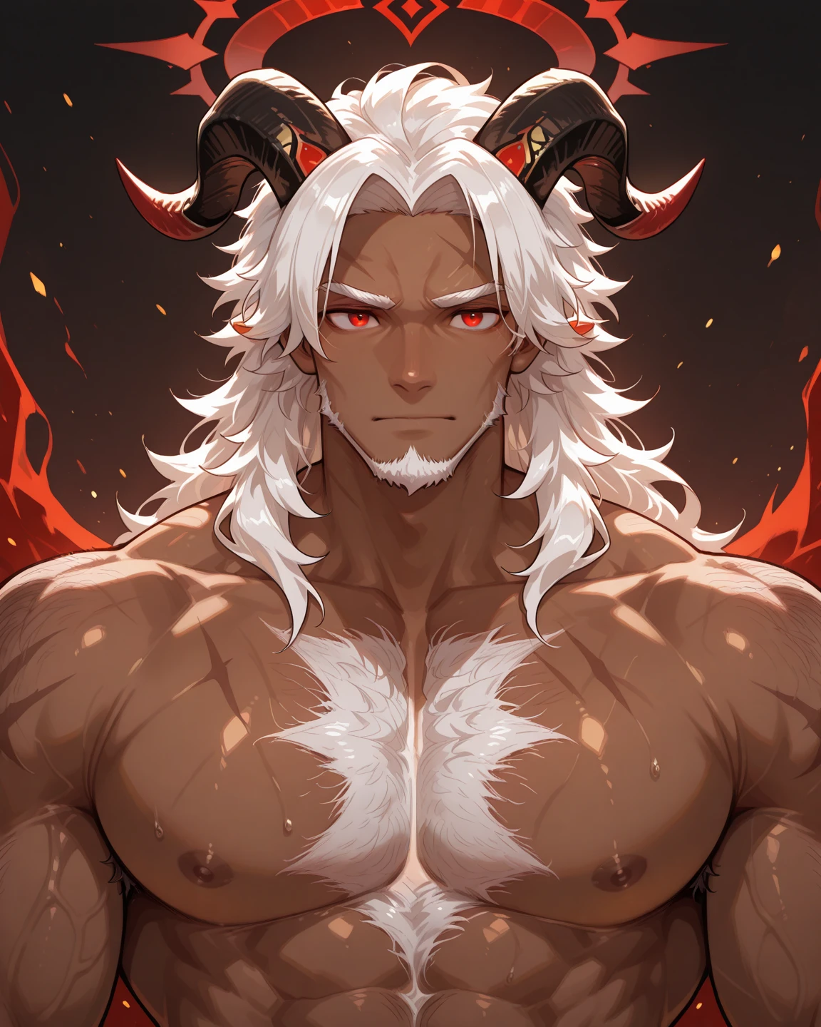 absurdres, highres, ultra detailed, HDR, master piece, best quality, Krozerus, white hair, spiked and messy hair, long hair, hair between the eyes, expressive red eyes, Dream and Legacy, solo, sexy man, handsome, demon, slightly pointed ears, black horns, black cape, bare chest, toned chest, belt around his chest, fantasy, shining, pink flowers, blossoms, magical, pink petals