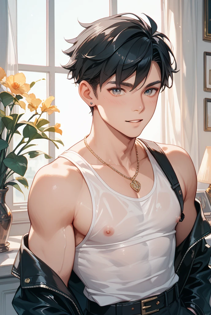 Highres, Masterpiece, Best quality at best,Best Quality,hight quality, hight detailed, 1boy, Young boy, 12-Year-Old-Boy, Big breast,Body tatoo,(Showing armpit), Egypt Golden Pyramid Shirtless, Sweat, Necklace, Best Quality Masterpiece Very Detailed Wallpaper, Sexy Pink Nipples