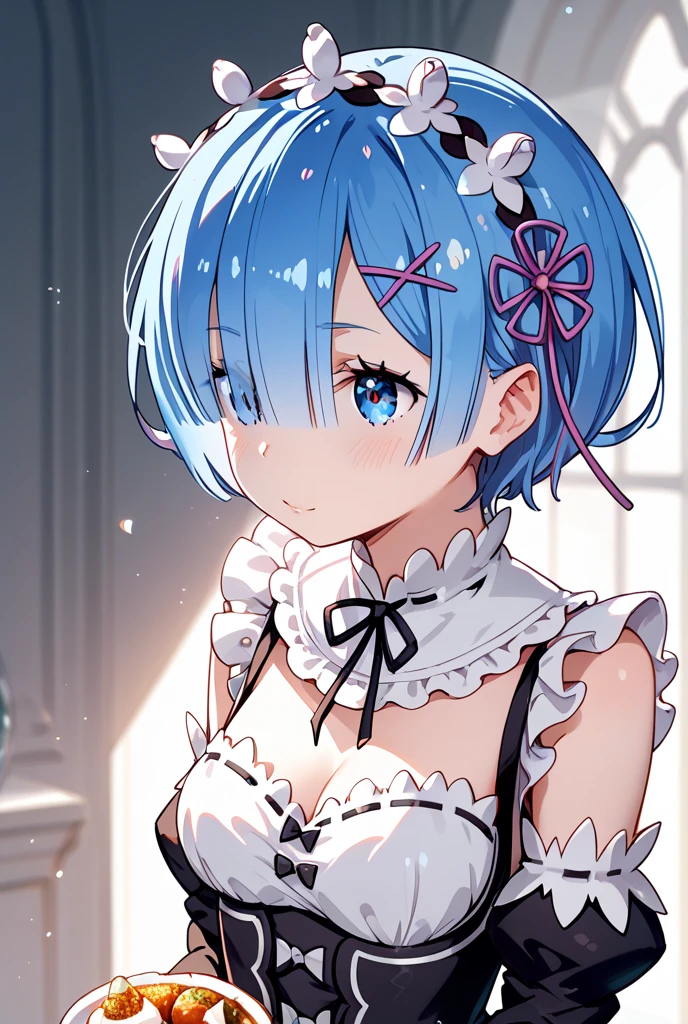 masterpiece, best quality, ultra-detailed, illustration, epic lighting, cinematic composition, colorful, sidelighting, lustrous skin, realistic, 3d face, (finely detailed beautiful eyes: 1.2), 1girl, rem_\(re:zero\),cute, medium breasts, blue hair, short hair, (hair over one eye:1.3), eyes_visible_through_hair, blue eyes, roswaal_mansion_maid_uniform, (head tilt:1.2), standing, close-up, fantasy, summer, night sky, stars, nebula, blue flowers, garden, blue roses, moonlight, peaceful, serenity, (8k:1.1),