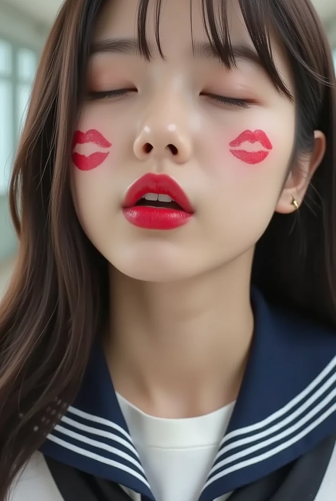 High resolution、masterpiece、(Mature women)、40s、Eyes closed、(Red volleyball uniform)、(She is giving a blowjob to an erect penis)、((Erect penis squirts a lot of sperm all over my face))、Big Breasts、Sweat、