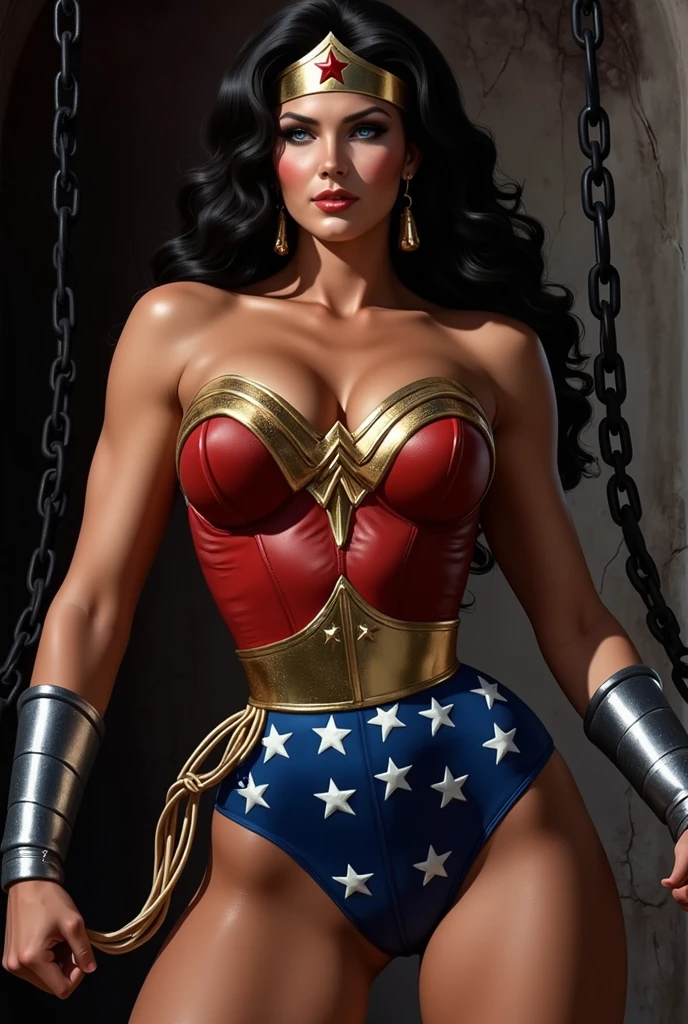 Art image of Lynda Carter as Wonder Woman, busty, beautiful, black hair, large breasts, WWII background, by Louis Royo, Boris Vallejo, Frank Frazetta, extreme focus, sharp details, sexy
