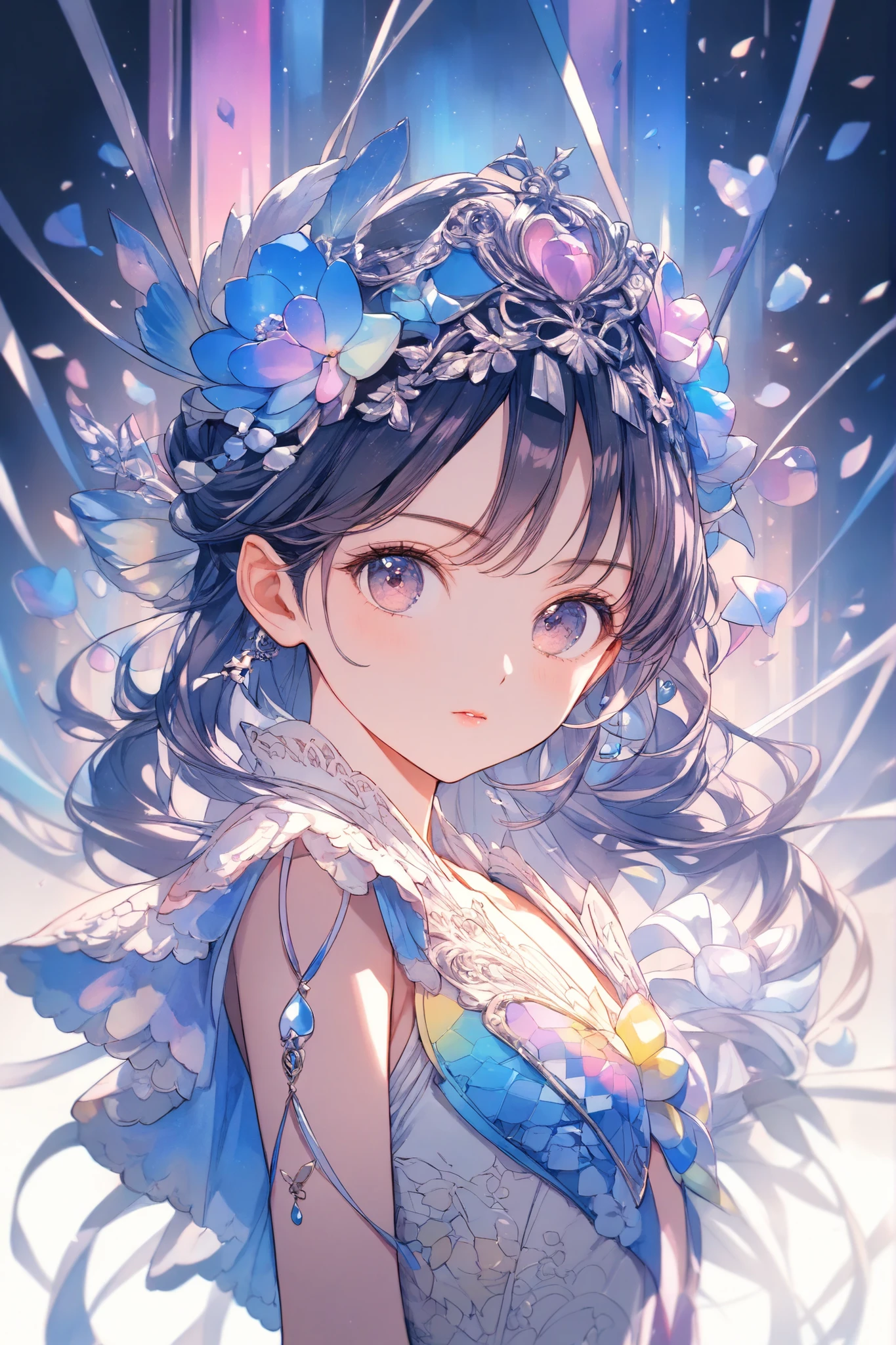 masterpiece,top quality,Super Detailed,8k,watercolor　colorful　upper body lift　One Piece　girls　灰色の髪　light　ribbon pop, (flat chest:0.8)