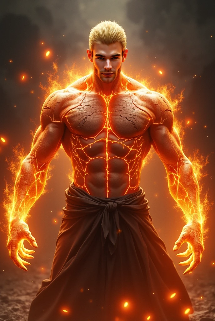 A man with cosmic and red fire powers and standing shirt less in modern city