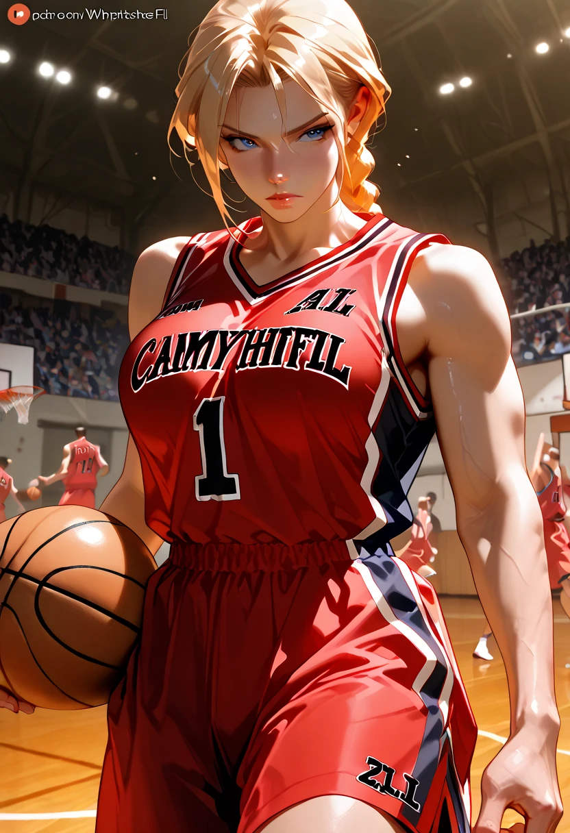 Masterpiece, anime CG, girl, white spiked hair, wheat-colored skin, muscles, sports girl, wearing basketball uniform, smooth texture, silk texture , golden pupils, perfect eyes