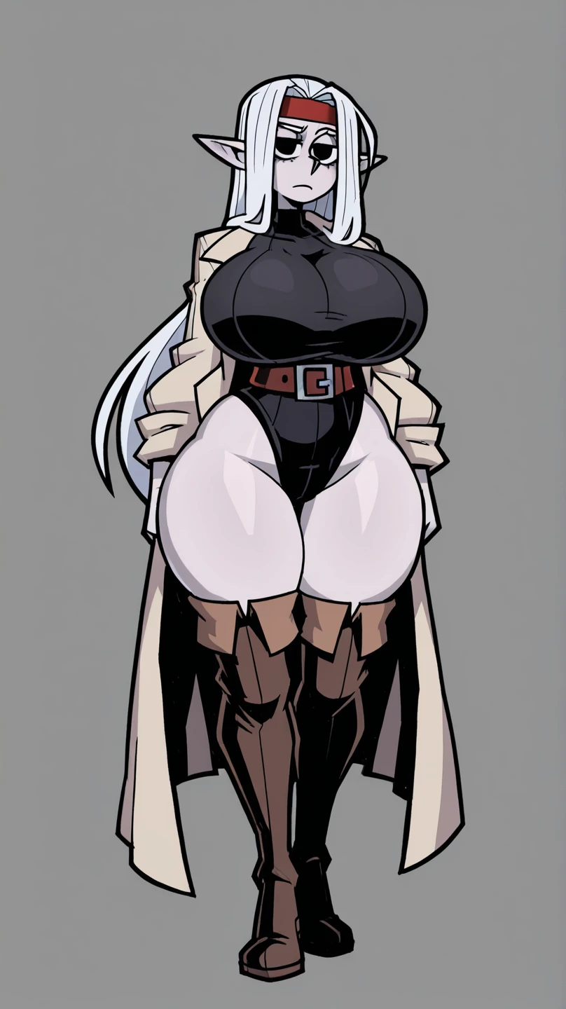 Concept art of spider fantasy woman, she has fat hips, incredible design , many clothes and have weapon, slim waist, fat hips and breasts, FINAL FANTASY WOMAN INSPIRATION, all body shown, in full growth, whole character standing, blue grey dark skin, white hair, ULTRA HYPER BIG HIPS, all body shown, full growth, entire body, very muscular woman, her feet are very small, SHE IS THE SPIDER INSECT, 8 black eye's, long tail, secretary clothes, very muscular legs, 4 hands, many different poses of her sitting, back view, many versions, big avatar body, GREY SKIN TONE, incredibly tall and big, white curly hair, vieny legs, black rope around her, white shirt, many poses 