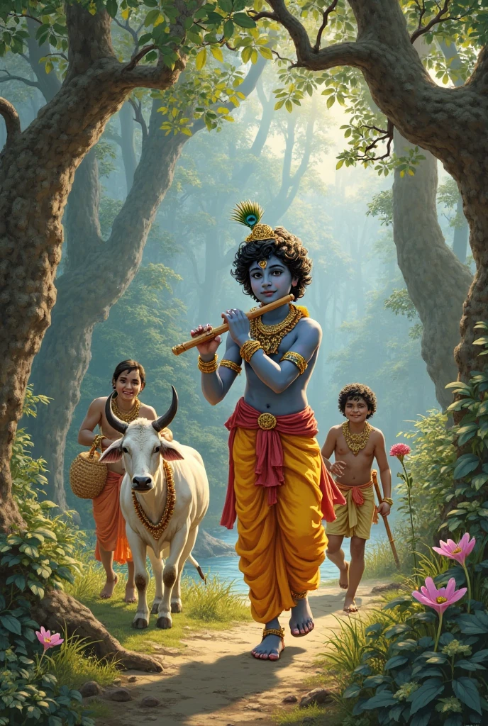 A little boy Krishna dressing the cows on the bank of river Yamuna with their 5 friends