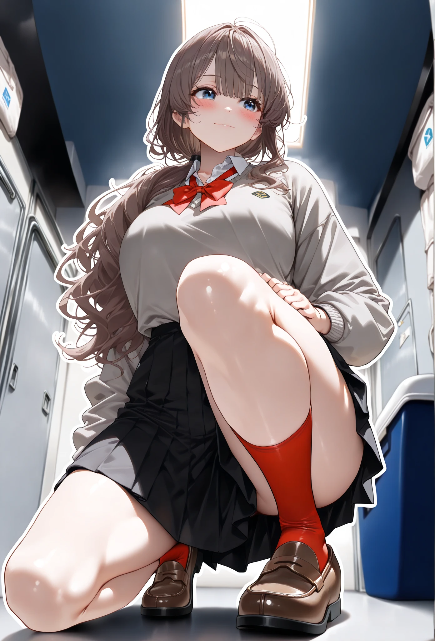 A Female robot is sleeping in the book, spread legs, nude, banzai pose. she wears no dress. She Brown short hair is tied with two big red clothespins, She lifts up the under hem of her white plain dress, leaning over, masterpiece, very short pigtails,brown hair, mature, android, blue eyes, full body figure, Height: 160cm, flushed cheeks, 2020s anime picture, A beautiful robot with short brown hair in two short pigtails held up by two very large huge red clothespins, Uplifting, No NSFW, whole body, barefoot, archaic smile, getting orgasm, 25 years old, sweat bucket. short sleeve shirt, pleated skirt, beautiful scenery, evening, skirt lift, no panties, genitals visible, full body shot, sexy face.