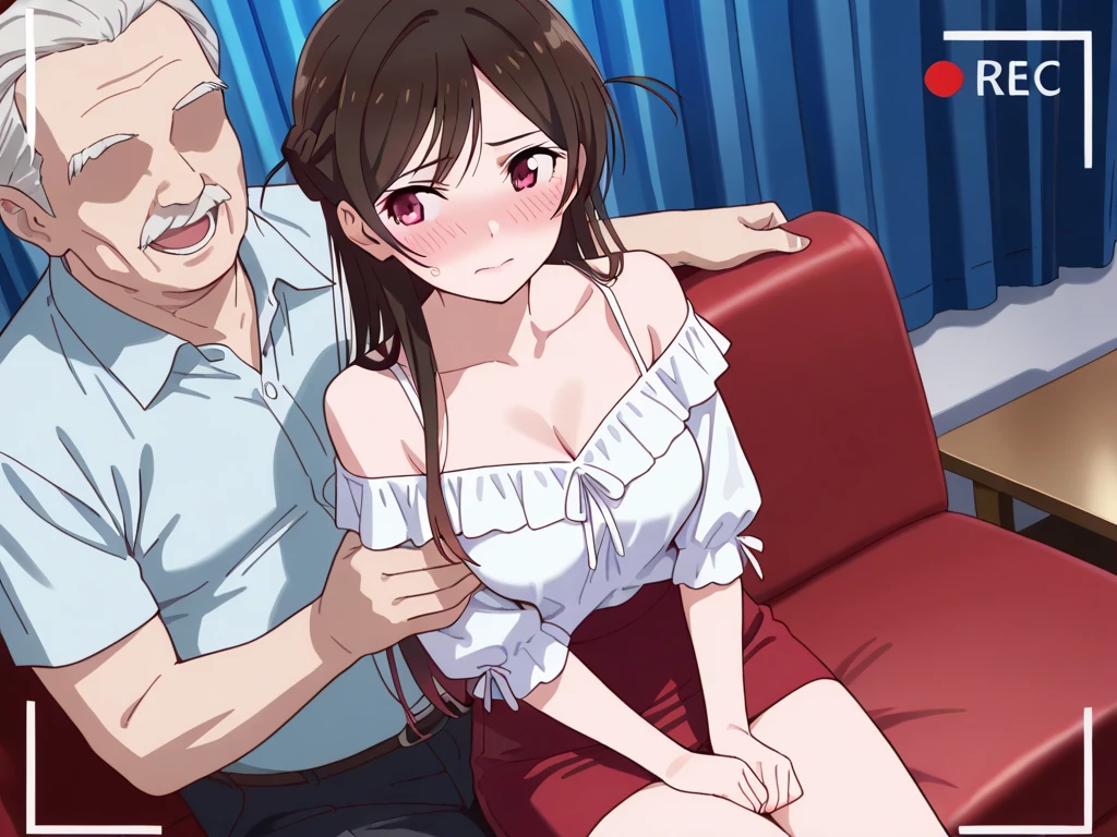 (nsfw:1.5),((One girl, 1 Elderly)), (Skirt flip:1.4), ((Old man grabs woman's waist)), The old man laughs evilly, Huge breasts:1.7, Anime cel painting style, Highest quality, High resolution, Huge breasts:1.8, good, High leg panties,blue eyes, Purple Hair, bangs, Side Ponytail, hair ornaments, Embarrassing, fear, blush, View Viewer, whole body、(((Completely naked:1.8)))、He is moving his hands violently to his crotch