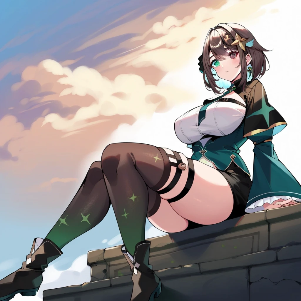 poncirus_arknights, giantess, microcity, A woman bigger than the city, Woman overlooking the city, Sitting Woman, from below, uhd, highres, masterpiece,Swimwear,Seaside town,Light red eyes,smile,hat,Sitting on the ground
