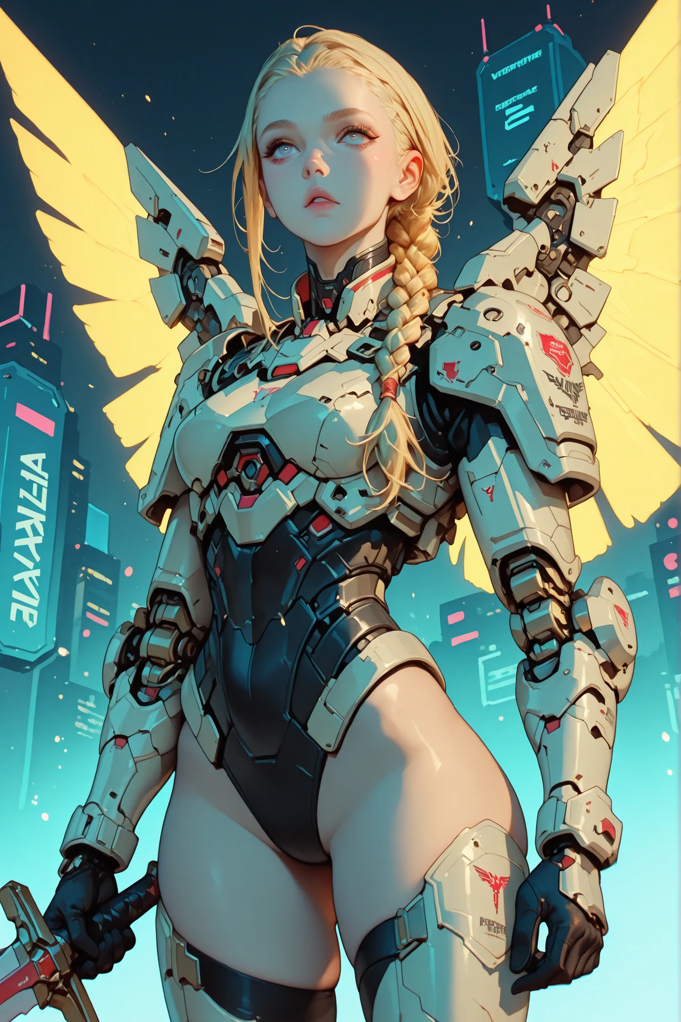 beautiful hot valkyrie with 1 long blonde hair (braided) in hyperrealist & hyperdetalied cyberpunk combat armor battle, mechanichal wings, sword & shield