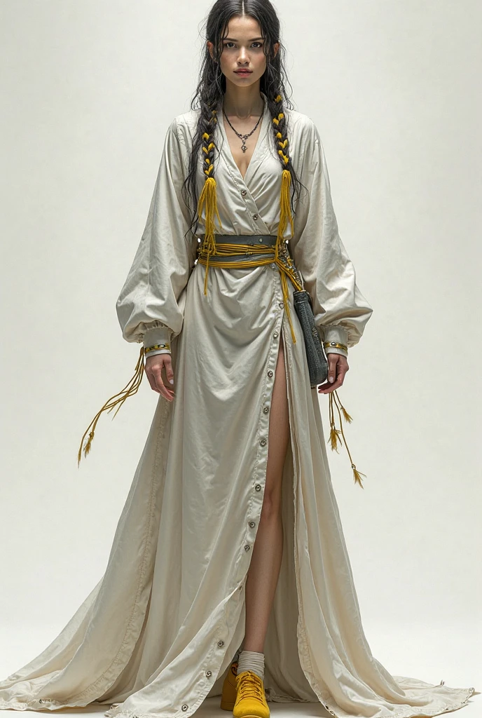 (for rest:face:lora)(long curly blonde hair) whole body, barefoot, Alone, female, big chest, linen tunic, fantasy town, armor, Handcuffs on hands with a collar around the neck, hands on the hips, slave ((black choker, leg and arm shackles))