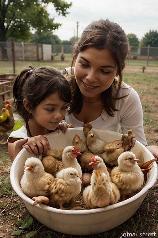 A collects eggs laid by chickens, and her grandfather and grandmother watch over her. In a peaceful rural landscape, peaceful farm life with warm sunshine