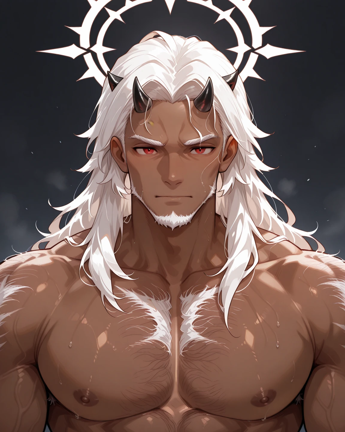 Handsome, solo, 1 male, African man,(((brown skin))), short wild white hair,  silver eyes, no shirt, tattoed gray arms white lion cloak, dragon skull helmet