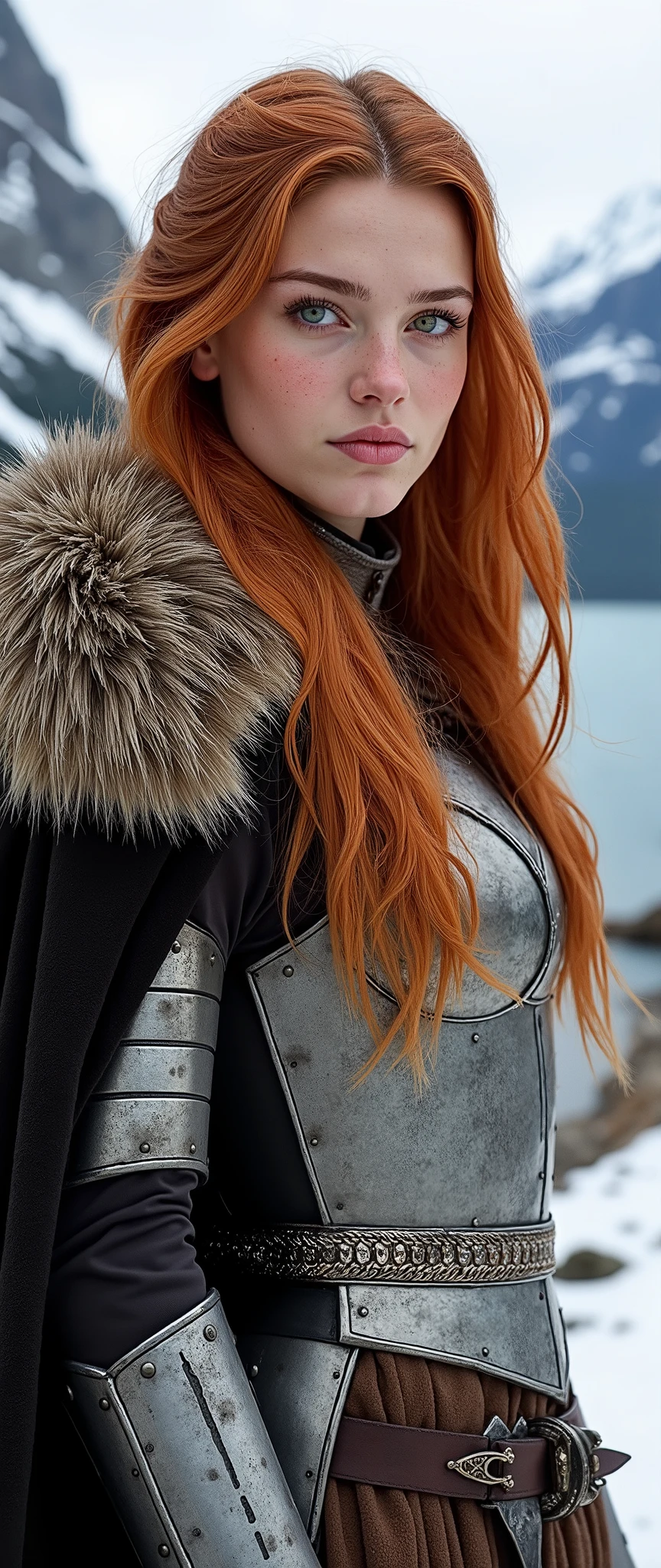 A warrior queen (a seductive 18-year-old), incredible cleavage, natural breasts east-west, breasts each turned to one side, transparent panties showing, a vision of strength and confidence. Flaming red hair cascades over her shoulders. Pale skin, marked by northern resilience, is sprinkled with a touch of freckles. Piercing green eyes shine with unwavering determination. Clad in elegant silver chainmail that accentuates her powerful form, she commands respect and admiration. A fur-lined cloak, the pelt of a mighty wolf, adds a touch of savagery to her majestic presence. A short Viking skirt with armor seen from below shows how provocative it is. A Viking horn rests confidently in her hand, a symbol of leadership. The scene unfolds before a formidable Viking communal house, a testament to their proud heritage. Snow-capped mountains rise majestically beside a majestic fjord, reflecting the fiery spirit in their eyes.