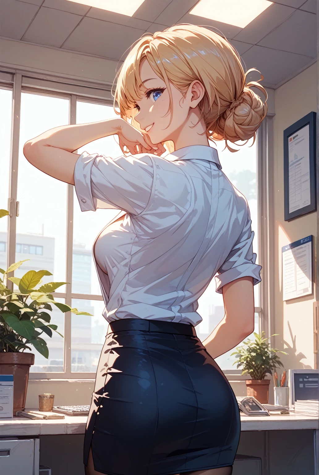 (best quality, ultra-detailed, photorealistic: 1.39), bright and vibrant colors, studio lighting, romantic expression, An effeminate girl, with a delicate and beautiful face. She is a girl who reflects seductive beauty, sparkling silver eyes, extremely beautiful woman, lips parted, beautiful short denim shorts, beautiful lace blouse, exemplary girl of modern society, she is in love, pose from behind, on the apartment balcony