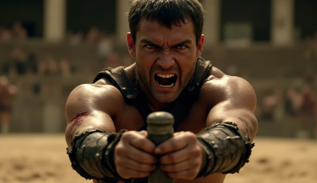 Spartacus leading a rebellion, with an expression of courage and determination.