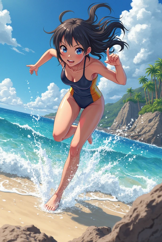 Small  in swimsuit riding huge wave, defiant look, dynamic pose, mysterious, summer sky