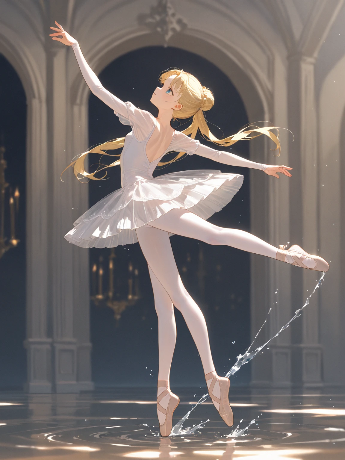 quality\(masterpiece, best quality,8k,wallpaper of extremely detailed CG unit,hight resolution,top-quality,top-quality real texture skin,hyper realisitic,increase the resolution,RAW photos,best qualtiy,highly detailed,the wallpaper\), BREAK ,solo,1girl\(ballet dancer\(princess odette\), very beautiful,teen, white skin,smooth skin, shiny blonde hair, big eyes, well-defined face, sweat, long eyelashes, tutu dress\(beautiful,shiny, (Transparent:0.5), ballet shoes, slender, dancing\(Swan Lake\), (dynamic pose:1.6),full body,jumping\), BREAK ,background\(inside, ballet stage, dark, beautiful spotlight, simple\), (dynamic angle:1.6), (Pulitzer Prize winning photo:1.3), (award winning photo), beautiful lightworks, great shutter speed, great depth of subject, artistic photo,long shot