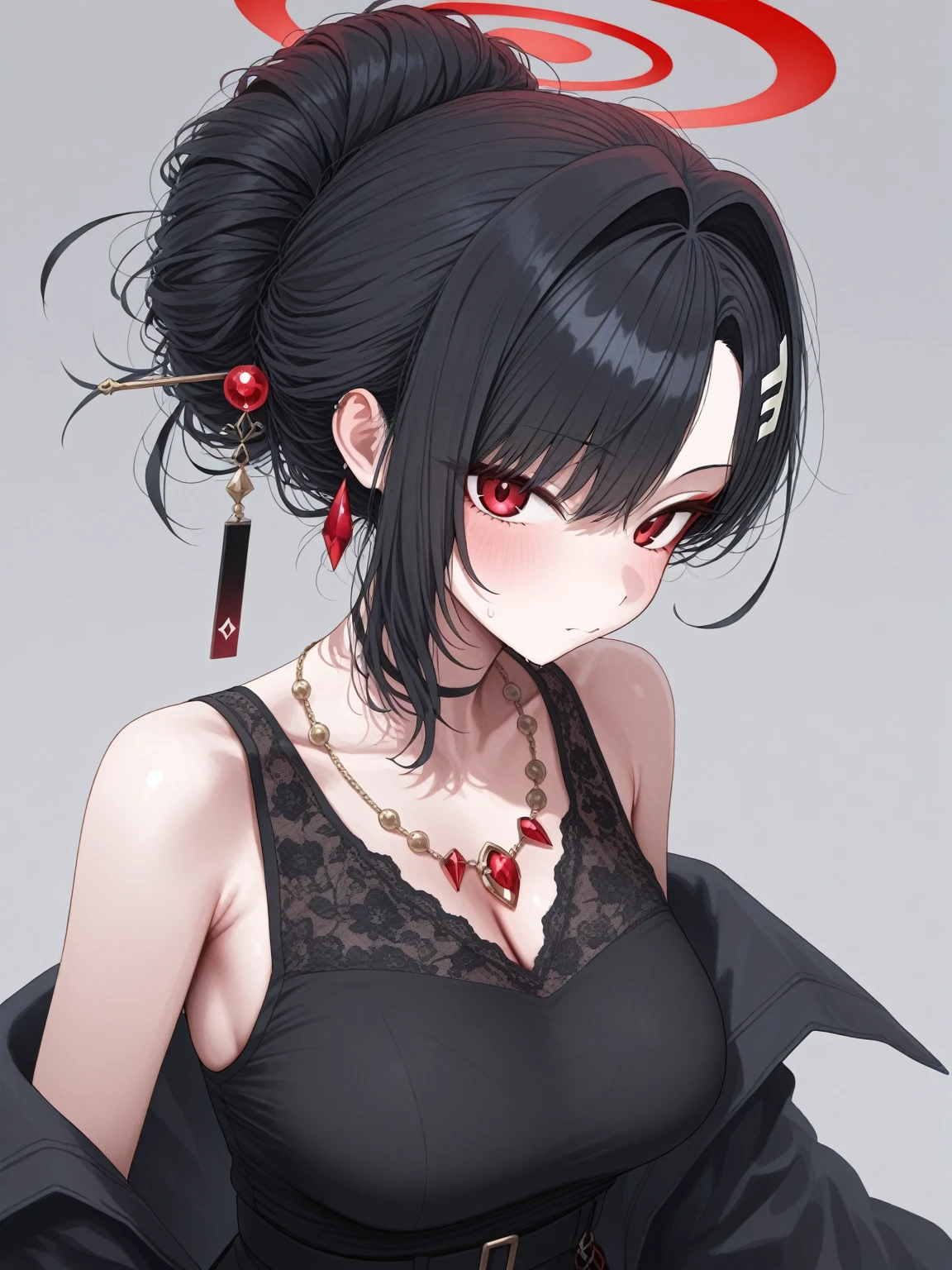 masterpiece, best quality, 1girl, solo, adult, black gray hair, long hair, hair tied at the back, hair with bangs at the front sideways to the right, earrings, red eyes, detailed face, white crop top, large breasts, black stocking, thigh, infront of viewer, empty look, short gloves, 