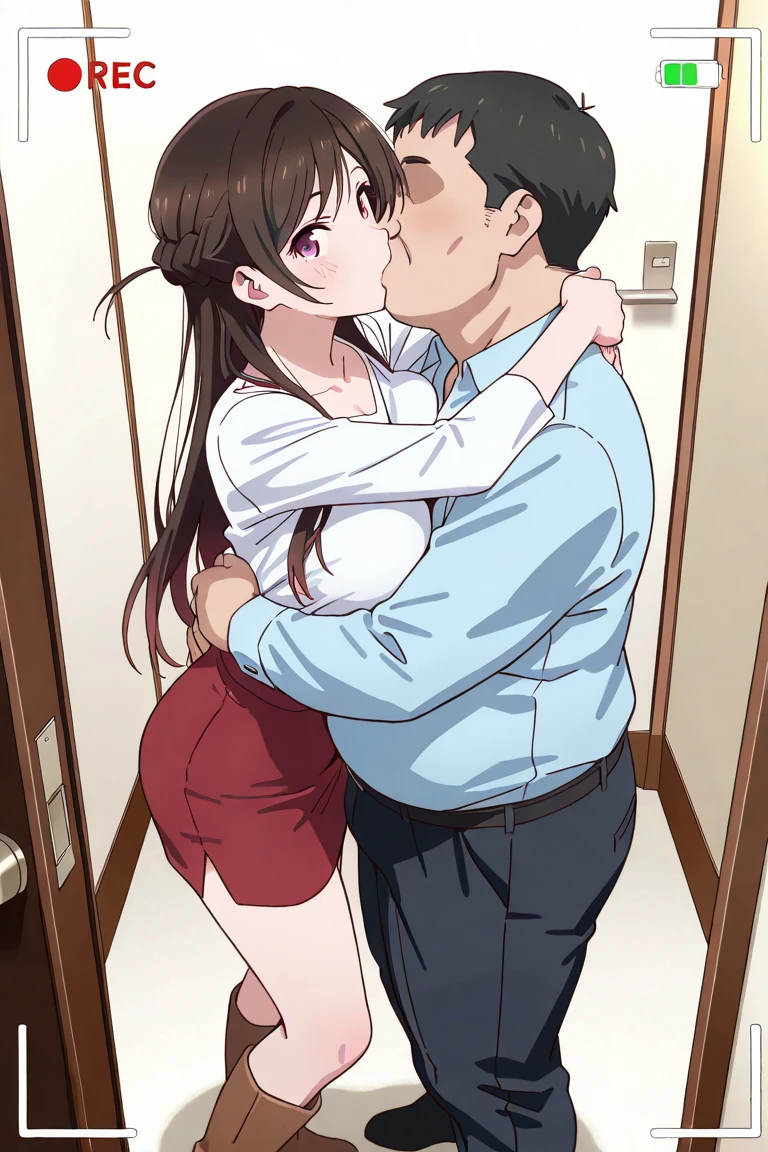 shinkai makoto, kimi no na wa., 1middle age man, wrinkle face, black hair,bangs swept to the right side, office suit, middle aged man caressing girl's body, kiss cheeks, passionate hug, boy is hugging from behind, chestgrope from behind, middle aged man is touchig girl's chest, hold chest, 1girl, nude, bangs, black hair, brown eyes, Twisted Half Up Hair, red ribbon, long hair, nipples, medium breast, storage room, indoors, masterpiece, perfect anatomy, cowboyshot