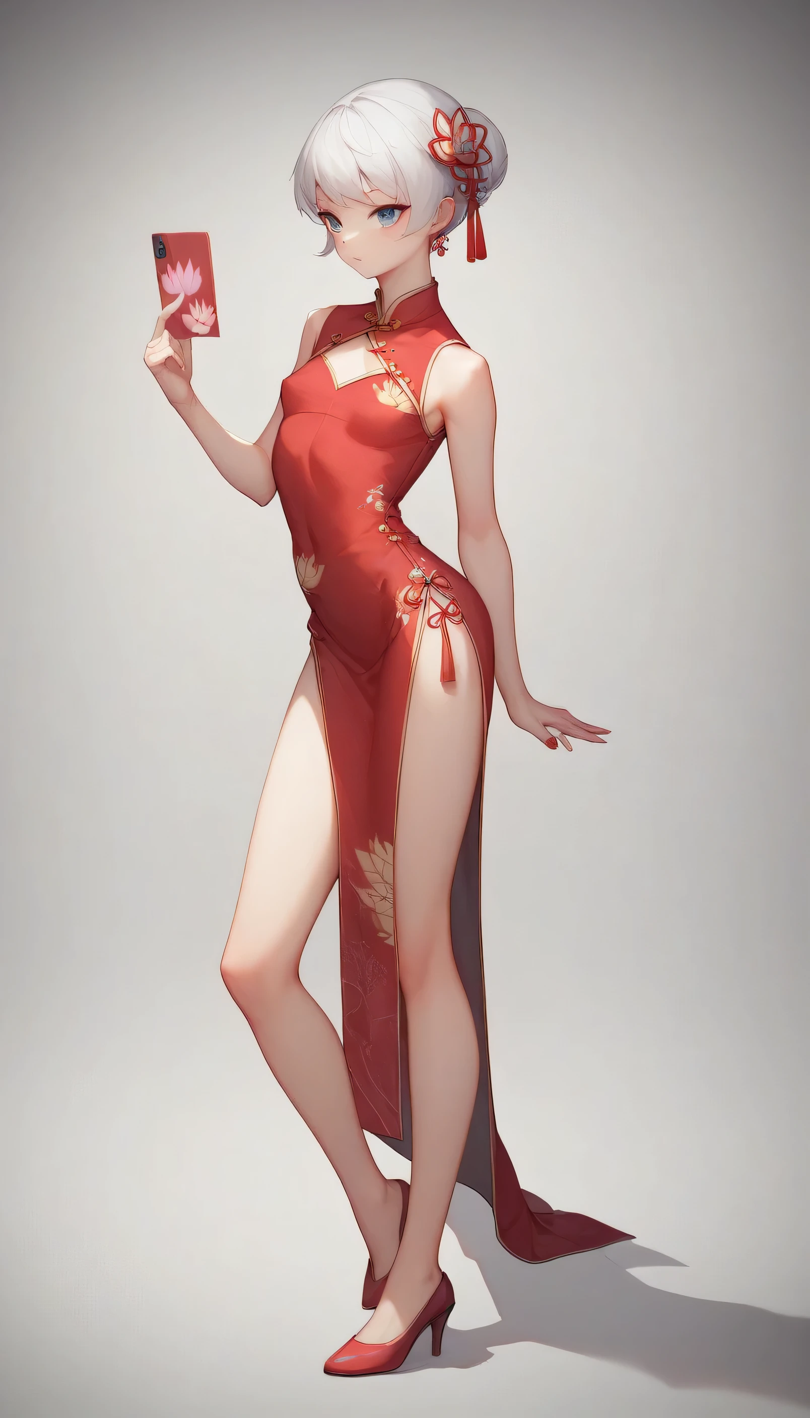 female with seductive pose, short ginger hair , curvy body, with wide hips and a narrow waistline. The curves of her body are highlighted in subtle shades . hands behind her head, A stunning digital illustration, Chinese red dress, empty background