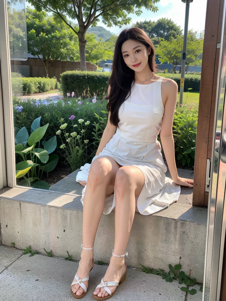 Beautiful woman wearing a blue sky and white mini dress with decorations on the shirt and visible shoulders and wearing boots and being photographed with a white background And And he was on the grass which was beautiful and filled with white flowers , Korean style swag, beautiful face so gorgeous, Beautiful eyes, y2k style