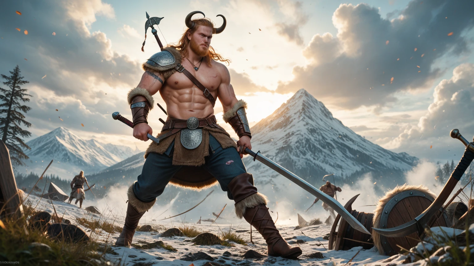 A realistic Norse statue of a towering, bearded Viking with deep-set, dark eyes and prominent scarring,Showcasing his fierce rage and fury in the heat of battle, ultra-detailed and hyper-realistic rendering, set against a moody, muted backdrop, with sharp shadows and highlights, 8K resolution.