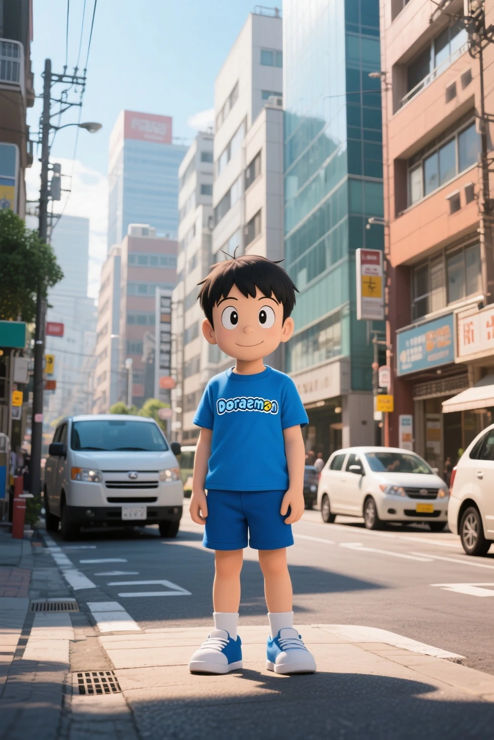 A boy happy in The city. Detailed, detailed face, intricate.