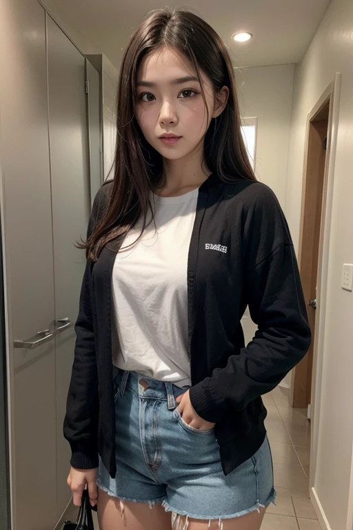 An asian korean teenager selfie wearing black sweatshirt sexy white denim shorts