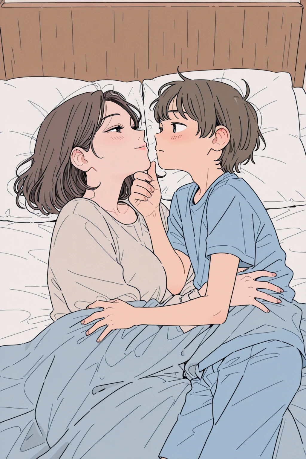 score_9, score_8_up, score_7_up, source_anime, 1boy, 1girl, mature female, mother and son, ???, hug, kiss, hand on head, kneeling,