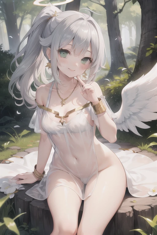 Teenage naked girl who raised her hand while lying down in green grass, white skin, white hair, beautiful like angel, short hair