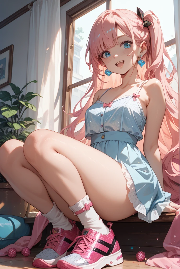 ((((((inside jar))))))、one-girl, ((full bodyesbian)), Wendi (genshin impact), Gradient hair, ((((Packed in jars))))、adolable、最small, small, A piece of, longer sleeves, sitted, Barefoot, Indoors, Bareleged, desks, Knees, desk work, (The fish, airbubble, under the water, airbubble),