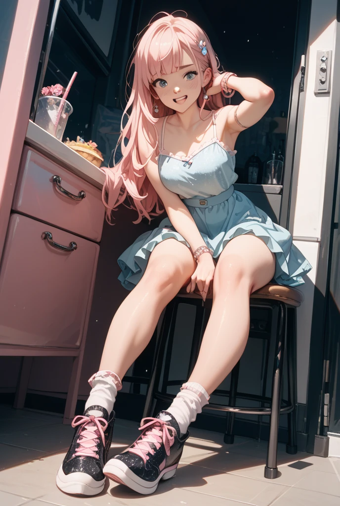 a persons legs with high heel shoes up in the air with a crotch view, underwear, panties, 1girl, striped panties, striped, high heels, solo, skirt, squatting, denim, shoes, denim skirt, water, petals, rose, 1girl, liquid clothes, red theme, pink hair, hair flower, red dress, dancing, smile, cloud, water dress